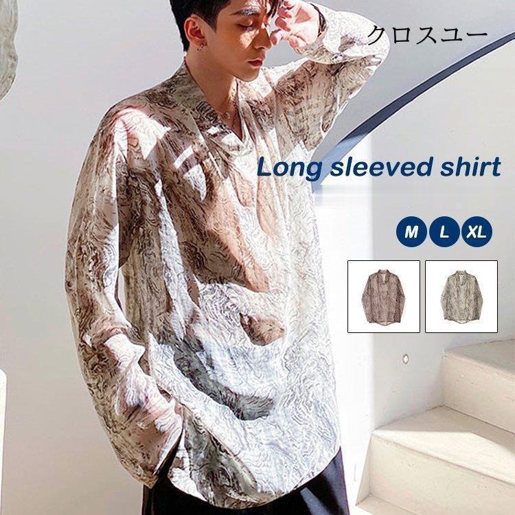 春 絞り染め Tシャツ デザイン シャツ おしゃれ 山水画柄 メンズ 薄手 高級感 長袖ｔシャツ 秋 ハイネック * 長袖