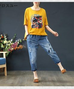 ウエストゴム チノパンツ 森ガール ダメージデニム デニムパンツ ジーンズ レディース 人物柄 美脚 大きいサイズ * ジーンズ、デニム