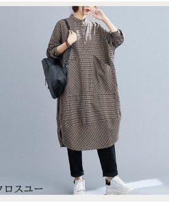 ワンピース 秋 チェックシャツワンピース 大きいサイズ ビックシャツ BIGシャツ 長袖 チュニック トップス ブラウス レディース プルオーバー バイカ 着やせ 春 * 半袖