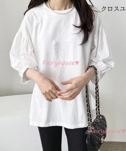 50代 Tシャツ 通勤 30代 五分袖トップス 40代 レディース カジュアル韓国風 白Tシャツ パフスリーブTブラウス オシャレTブラウス 大人 ゆったりTシャツ 夏 * 五分、七分袖