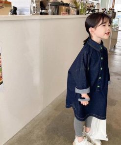 ゆったり デニムワンピース 長袖 デニム ロングシャツ 女の子 オーバーサイズ 子供 春秋 シャツワンピース 長袖 ワンピース 女児 * ワンピース、チュニック