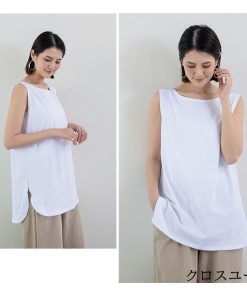 Tシャツ レディース 夏 ベスト 綿 クルーネック カットソー トップス シンプル 透けない おしゃれ コーデ UVカット きれいめ 20代 30代 40代 ゆったり * ノースリーブ