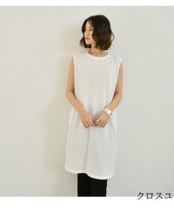 Tシャツ レディース トップス 春夏 40代 新作 袖なし ロンT 綿麻 おしゃれ 韓国風 大きいサイズ きれいめ スリット カジュアル 大人 30代 ゆったり 白 黒 20代 * ノースリーブ