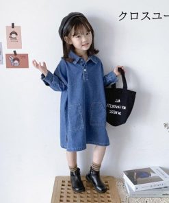 レトロ 長袖 ワンピース 女の子 デニムワンピース 女児 ロングシャツ デニム ゆったり 長袖ワンピース シャツワンピ 体型カバー 春秋 子供 * ワンピース、チュニック