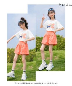 夏Tシャツ ガールズ ワイドパンツ 半袖Tシャツ 夏 Tシャツ 2点 セットアップ 女の子 上下セット 子供 女児 ハーフパンツ ショートパンツ * Ｔシャツ、カットソー