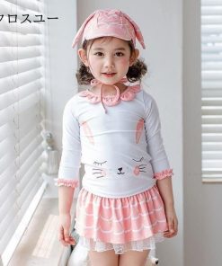 子供服 3点セット 猫柄 女の子 水着  可愛い ビーチ用品 キッズ * 子ども用