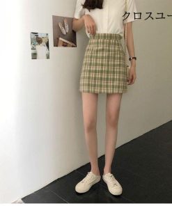 裏地付き 格子柄 ミニスカート ハイウエスト チェック柄 タイトスカート スカート ミニスカ Aラインスカート ショートスカート レディース * ミニスカート