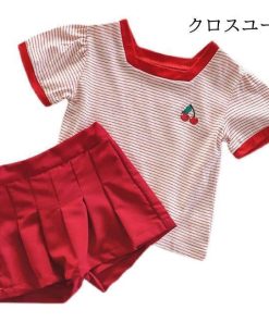 プリーツスカート 夏 女の子 夏Tシャツ ショートパンツ 女児 半袖 半袖Tシャツ キッズ ボーダー柄 子供 Tシャツ 上下2点セット 短パン * Tシャツ