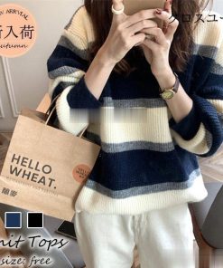 ニットトップス ボーダー柄セーター 長袖 オシャレ秋服 レディース ニットトップス ショット丈ニットソー 韓国風 30代 ゆったりプルオーバー 秋冬 50.代 40代 * 長袖