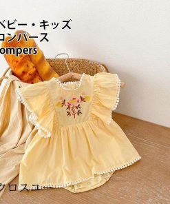 女児 ベビー 薄手 ロンパース 夏 ワンピース カバーオール 刺繍入り Baby 女の子 つなぎ服 フリルワンピース ノースリーブ 綿混 * ロンパース、カバーオール