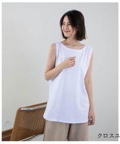 Tシャツ レディース 夏 ベスト 綿 クルーネック カットソー トップス シンプル 透けない おしゃれ コーデ UVカット きれいめ 20代 30代 40代 ゆったり * ノースリーブ