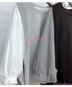 五分袖トップス オシャレTブラウス Tシャツ パフスリーブブラウス 大人 レディース チェック柄切り替えTシャツ ゆったりTシャツ 夏 通勤 40代 カジュアル韓国風 * 五分、七分袖