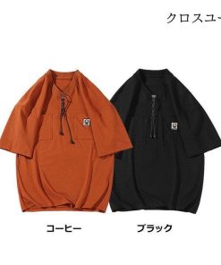 バンドカラー 五分袖 Tシャツ メンズ 無地 半袖 Tシャツ 胸ポケット 襟紐付き 綿 大きいサイズ Tシャツ ゆるっと ブルオーバ 清爽 夏 涼しい * 五分、七分袖