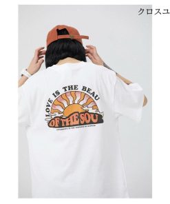 Tシャツ メンズ オシャレ 太陽柄 カジュアルTシャツ 綿 ゆったり 夏 春 秋 半袖tシャツ 男女兼用 2022新作 クルーネック プリント 40代 白Tシャツ 速乾 * 五分、七分袖