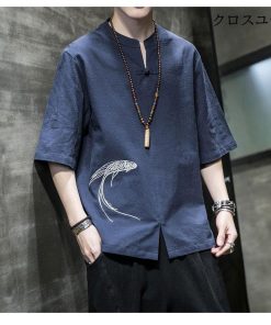 大きいサイズ 七分袖ｔシャツ 魚柄 綿麻 五分袖 涼しい ｖネック トップス メンズ ブルオーバ * 五分、七分袖