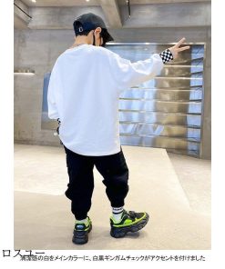 男の子 チェック柄 キッズ 子供 白tシャツ オーバーサイズ 長袖 長袖Tシャツ トップス 偽二枚 カットソー ダメージ加工 Tシャツ 男児 * Tシャツ