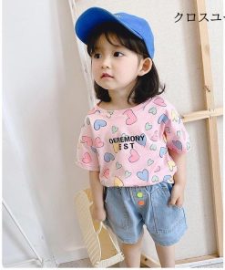 子供服 Tシャツ 女の子 半袖Tシャツ 夏 コットン カットソー 女児 ハート柄 Tシャツ キッズ 半袖トップス 夏Tシャツ サマーTシャツ 快適 * Tシャツ