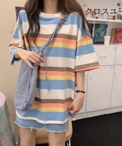 ラウンドネック 夏Tシャツ 半袖 Tシャツ カットソー オーバーサイズ レディース 半袖Tシャツ ボーダー柄 ボーダー柄Tシャツ ゆったり * 半袖