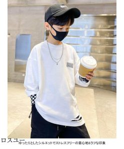 男の子 チェック柄 キッズ 子供 白tシャツ オーバーサイズ 長袖 長袖Tシャツ トップス 偽二枚 カットソー ダメージ加工 Tシャツ 男児 * Tシャツ