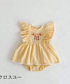 女児 ベビー 薄手 ロンパース 夏 ワンピース カバーオール 刺繍入り Baby 女の子 つなぎ服 フリルワンピース ノースリーブ 綿混 * ロンパース、カバーオール