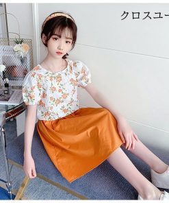 子ども 半袖ブラウス 夏 花柄 女の子 スカート 上下セット 2点 ブラウス Aラインスカート キッズ 女児 セットアップ 花柄ブラウス レトロ ジュニア * Ｔシャツ、カットソー