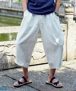 麻パンツ 大きいサイズ 夏着 リネンパンツ 綿麻パンツ ゆったり サルエルパンツ メンズ 無地 七分丈 ワイドパンツ イージーパンツ * サルエルパンツ