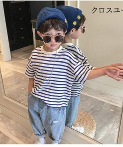 爽やか キッズ ゆるTシャツ 男の子 オーバーサイズ ボーダー柄Tシャツ ボーダー柄 子供 半袖 半袖Tシャツ ゆったり 男児 夏 Tシャツ * Tシャツ