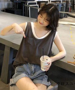 Tシャツ レディース きれいめ 40代 春夏 上品 Tシャツ 白 トップス フェイクレイヤード ゆったり オシャレ 韓国風 50代 30代 大人 Tシャツ * ノースリーブ