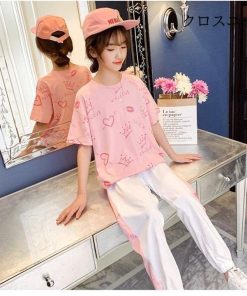 カジュアルパンツセット 半袖Tシャツ 上下セット Tシャツ ハート柄 夏 女の子 ロングパンツ 半袖 2点 子供 サルエルパンツ ゆったり 女児 * Tシャツ