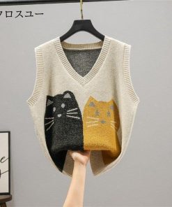 レディース 猫柄 トップス ニットベスト オーバーサイズ重ね着 ベストゆったり Vネック ノースリープ レイヤード * ノースリーブ