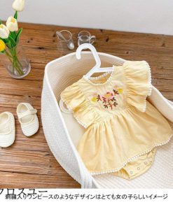 女児 ベビー 薄手 ロンパース 夏 ワンピース カバーオール 刺繍入り Baby 女の子 つなぎ服 フリルワンピース ノースリーブ 綿混 * ロンパース、カバーオール