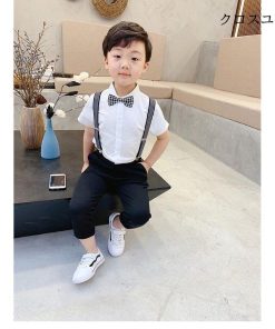 子供 フォーマルスーツ 男児 半袖 シャツ 長ズボン スーツセット セレモニー ４点セット 夏 半袖シャツ 男の子 サスペンダー 結婚式 発表会 演奏会 * スーツ、ブレザー