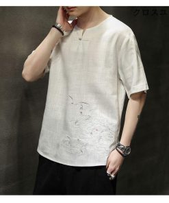 トップス 刺繍 半袖ｔシャツメンズ 大きいサイズ Tシャツ 麻混 夏物 チャイナ服 ブルオーバ 涼しい 鶴柄 * 五分、七分袖