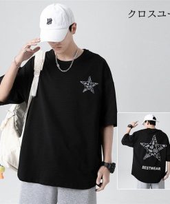 Tシャツメンズ Tシャツ半袖 夏Tシャツ 星柄 おしゃれ スポーツ 五分袖 40代 速乾 クルーネック 白Tシャツ シンプル カットソー 春 秋 * 五分、七分袖