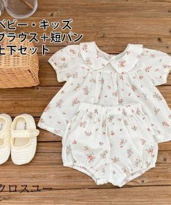 夏 ブラウス 上下セット 上下2点セット 女児 女の子 ショートパンツ ギャザーブラウス セットアップ 花柄 ベビー 半袖ブラウス 半袖 薄手 * ロンパース、カバーオール