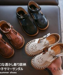 レトロ ストラップサンダル 靴 フラット底 シューズ キッズシューズ 透かし彫り 女児 前詰まり 夏 マジックテープ 女の子 サンダル ジュニア * サンダル