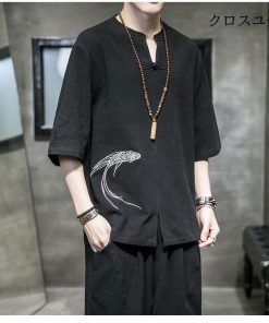 大きいサイズ 七分袖ｔシャツ 魚柄 綿麻 五分袖 涼しい ｖネック トップス メンズ ブルオーバ * 五分、七分袖