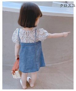 夏 偽二枚 半袖 デニム キッズワンピース デニムワンピース ワンピース 女児 子供 ジュニア サマーワンピース 半袖ワンピース 花柄ワンピース * ワンピース、チュニック