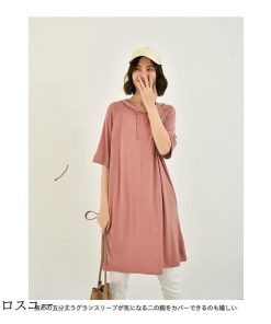 カットソー 5分丈袖Tシャツ トップス Tシャツ 夏 大きいサイズ 夏Tシャツ フード付き 五分丈袖 レディース 体型カバー 半袖 ゆったり 無地 * 五分、七分袖