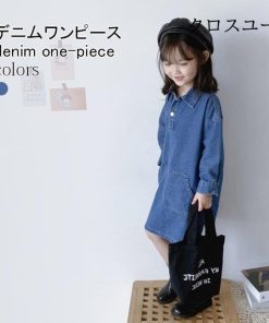 レトロ 長袖 ワンピース 女の子 デニムワンピース 女児 ロングシャツ デニム ゆったり 長袖ワンピース シャツワンピ 体型カバー 春秋 子供 * ワンピース、チュニック