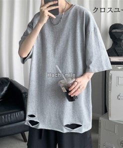 ｔシャツ ダメージ加工 綿 2022 半袖Tシャツ 半袖 ティシャツ カジュアル インナー 無地 夏 カッコイイ メンズ * 半袖