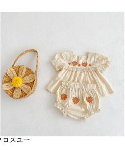 ベビー ブラウス 半袖 女児 ショートパンツ 夏 刺繍ブラウス 上下セット 2点 女の子 半袖ブラウス 子供 ギャザーブラウス コットン 短パン * シャツ、ブラウス