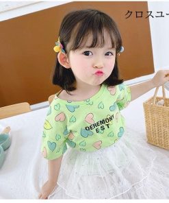 子供服 Tシャツ 女の子 半袖Tシャツ 夏 コットン カットソー 女児 ハート柄 Tシャツ キッズ 半袖トップス 夏Tシャツ サマーTシャツ 快適 * Tシャツ