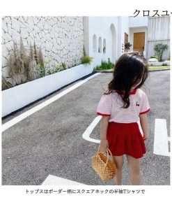 プリーツスカート 夏 女の子 夏Tシャツ ショートパンツ 女児 半袖 半袖Tシャツ キッズ ボーダー柄 子供 Tシャツ 上下2点セット 短パン * Tシャツ