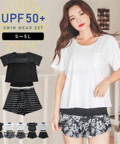 2点セット UPF50+ レディース Tシャツ 水着 サーフパンツ 半袖 タンキニ ショートパンツ 上下セット 体型カバー セットアップ 大きいサイズ セパレート * タンキニ