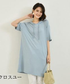 カットソー 5分丈袖Tシャツ トップス Tシャツ 夏 大きいサイズ 夏Tシャツ フード付き 五分丈袖 レディース 体型カバー 半袖 ゆったり 無地 * 五分、七分袖