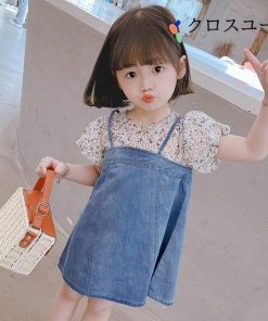 夏 偽二枚 半袖 デニム キッズワンピース デニムワンピース ワンピース 女児 子供 ジュニア サマーワンピース 半袖ワンピース 花柄ワンピース * ワンピース、チュニック