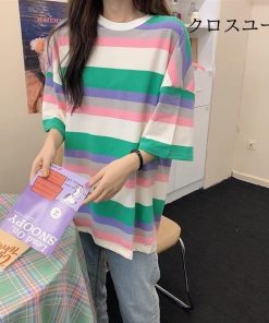 ラウンドネック 夏Tシャツ 半袖 Tシャツ カットソー オーバーサイズ レディース 半袖Tシャツ ボーダー柄 ボーダー柄Tシャツ ゆったり * 半袖