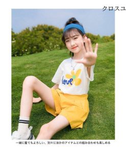 夏Tシャツ ガールズ ワイドパンツ 半袖Tシャツ 夏 Tシャツ 2点 セットアップ 女の子 上下セット 子供 女児 ハーフパンツ ショートパンツ * Ｔシャツ、カットソー