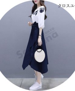 半袖 刺繍ブラウス ロングスカート 2点セット フレア レディース ブラウス セットアップ スカート 20代30代40代 春新作 通勤 ベルト付き * オールインワン